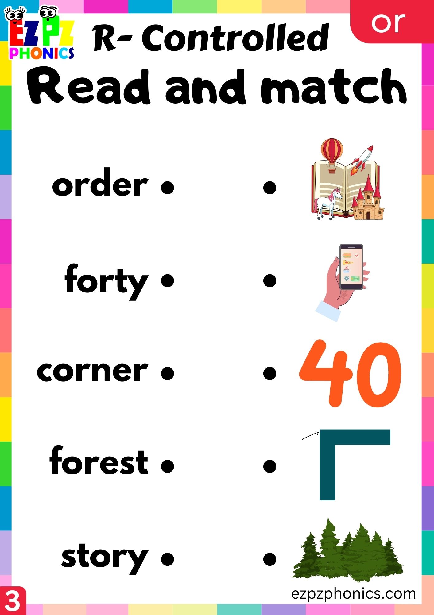 Read and match worksheet for two syllable or words R Controlled Vowels Phonics group 3